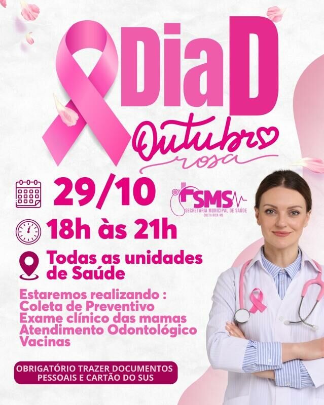 Imagem de compartilhamento para o artigo Costa Rica realiza Dia D do Outubro Rosa com atendimentos em todas as unidades de saúde da MS Todo dia